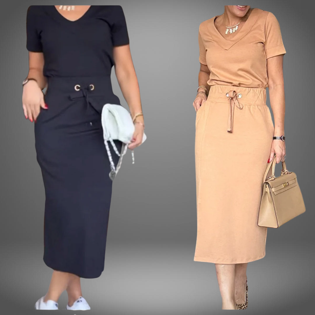 Štýlový dámsky top a sukňa s elegantným V-výstrihom