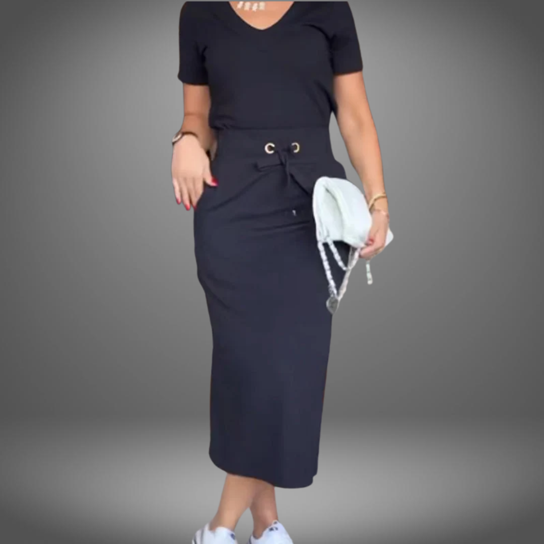 Štýlový dámsky top a sukňa s elegantným V-výstrihom