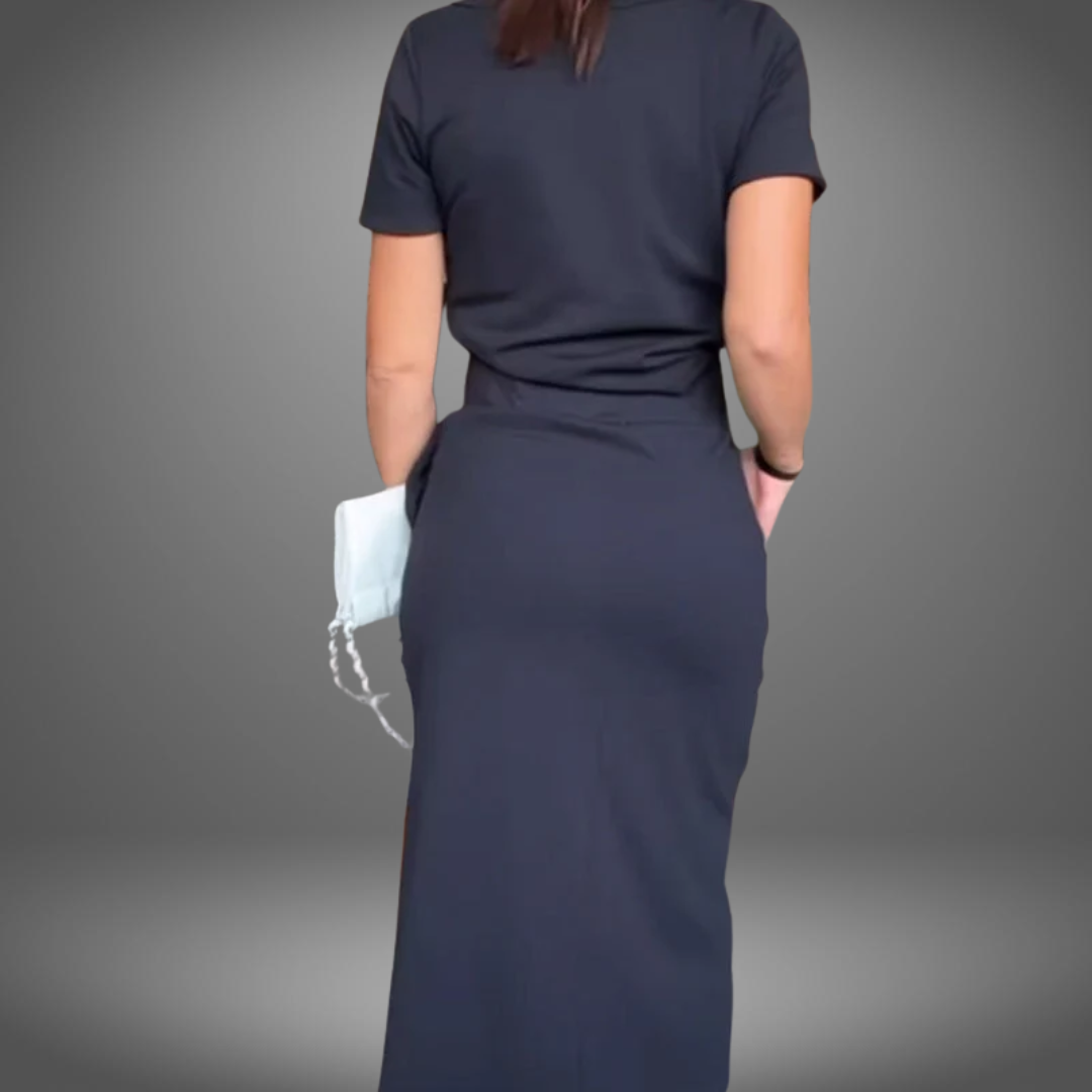 Štýlový dámsky top a sukňa s elegantným V-výstrihom
